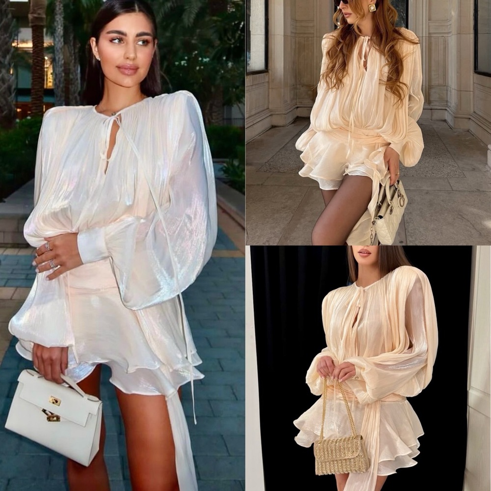 Ivory off white luxurious mini dress with puff sleeve ruffle hem flowy oversized - Picture 2 of 15